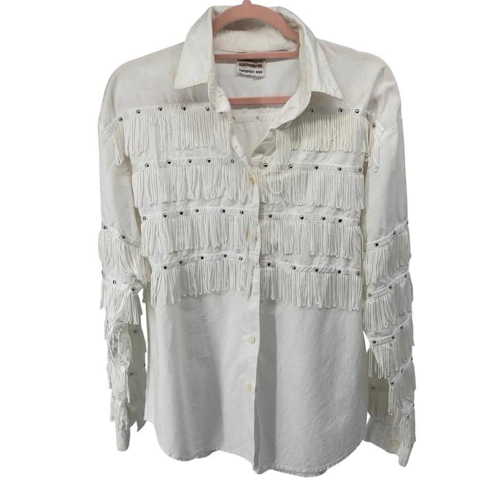 Vintage 1993 Tillman size Small White Cotton Fringe Studded Western Shirt